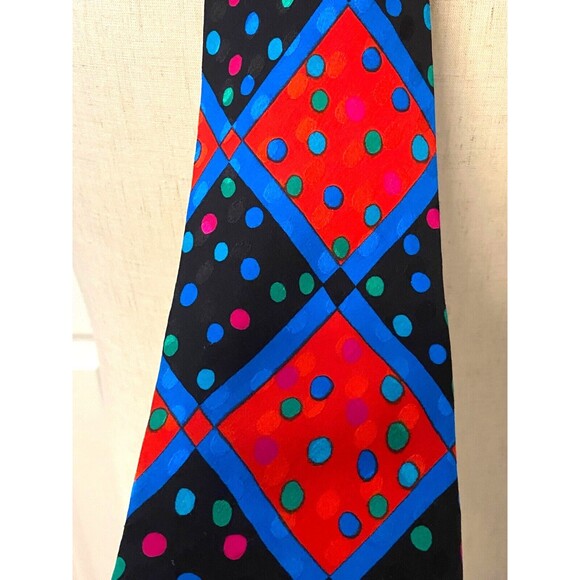 VTG FRED HAYMAN Beverly Hills 100% SILK TIE Red Polka Dot Geometric Colorful Blu - Picture 3 of 6